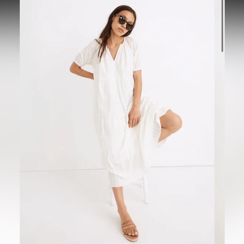 Madewell Bubble-Sleeve Tiered Midi Dress in Textural Stripe